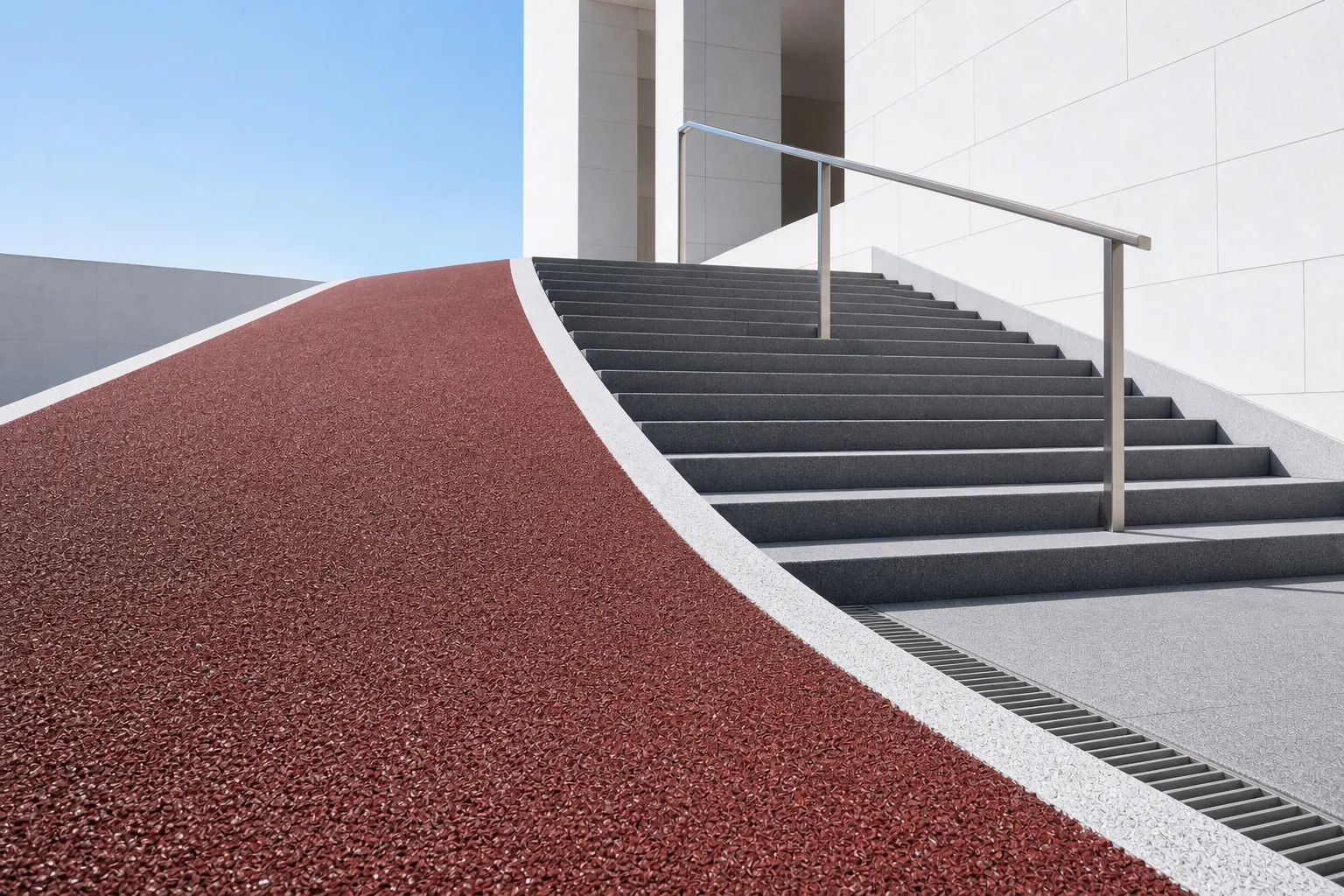 高端建筑坡道与台阶防滑路面,近景可见防滑骨料