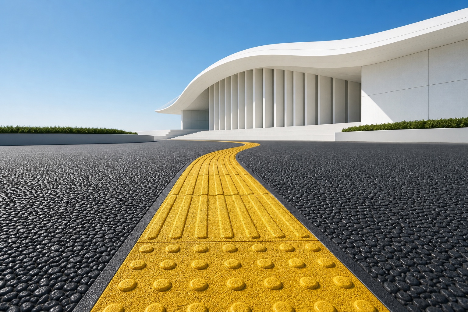 金黄色盲道路径与黑色透水路面,近景可见盲道凸点及骨料